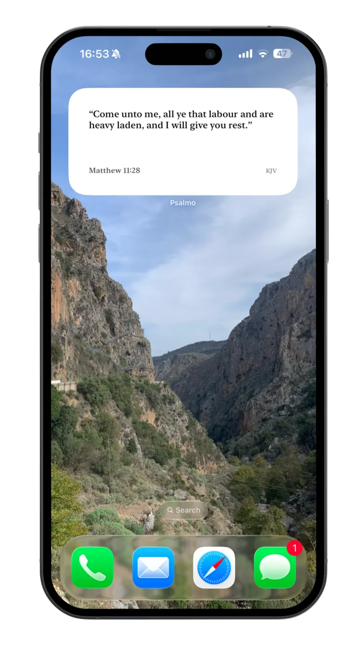 Psalmo Bible widget on an Android home screen — medium size, displaying a daily verse in elegant serif